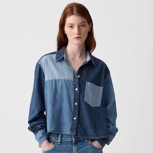 GAP Cropped Patchwork Denim Shirt | Medium Wash Denim Blue | Small Tall ST